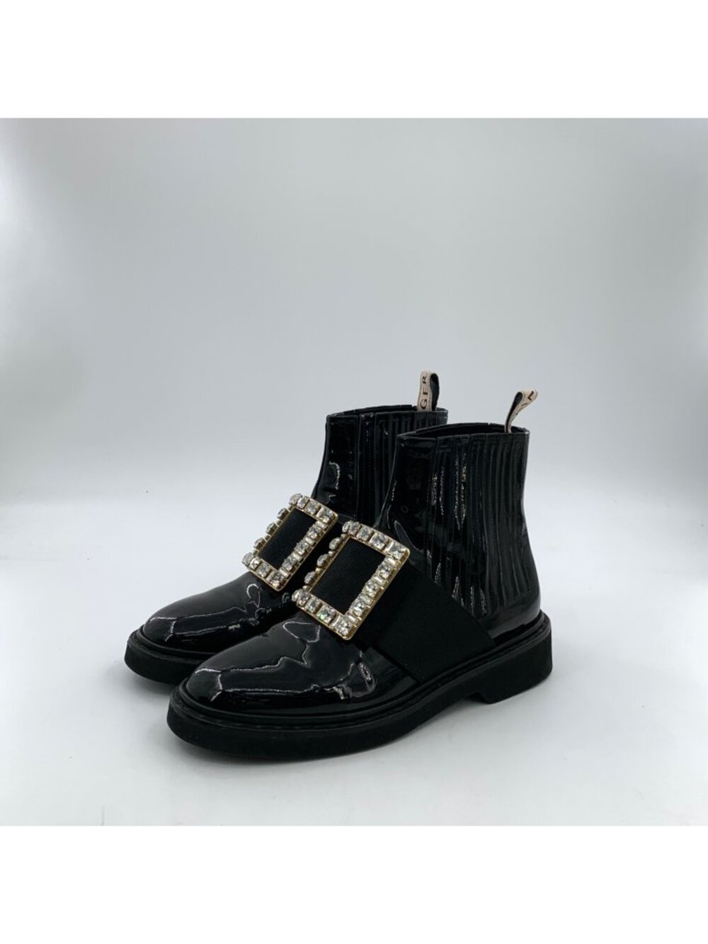 Roger Vivier Black Patent Leather Crystal Buckle Flat Ankle Boots